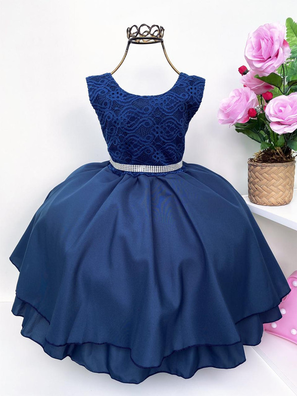 Vestido Infantil Azul Marinho Renda Cinto Strass Princesas
