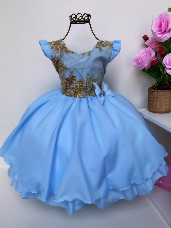 Vestido Infantil Azul Renda Dourada Lacinho Luxo Princesa