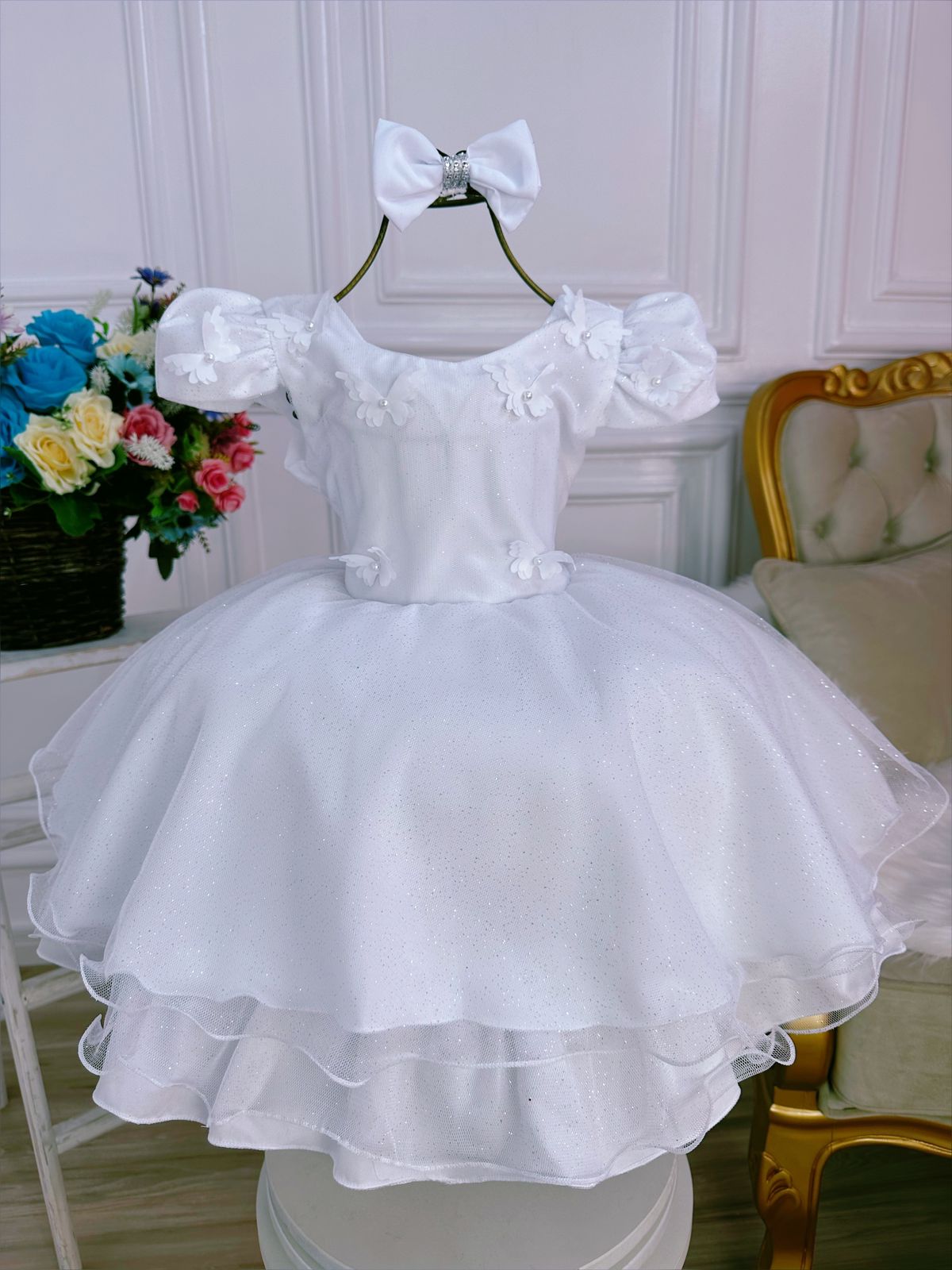 Vestido Infantil Branco Aplique Borboletas C/ Laço e Glitter