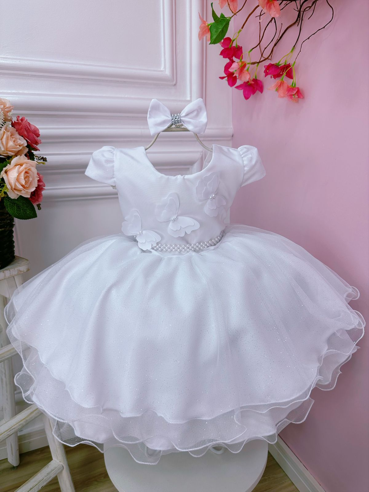 Vestido Infantil Branco C/ Aplique Borboletas Laço e Pérolas