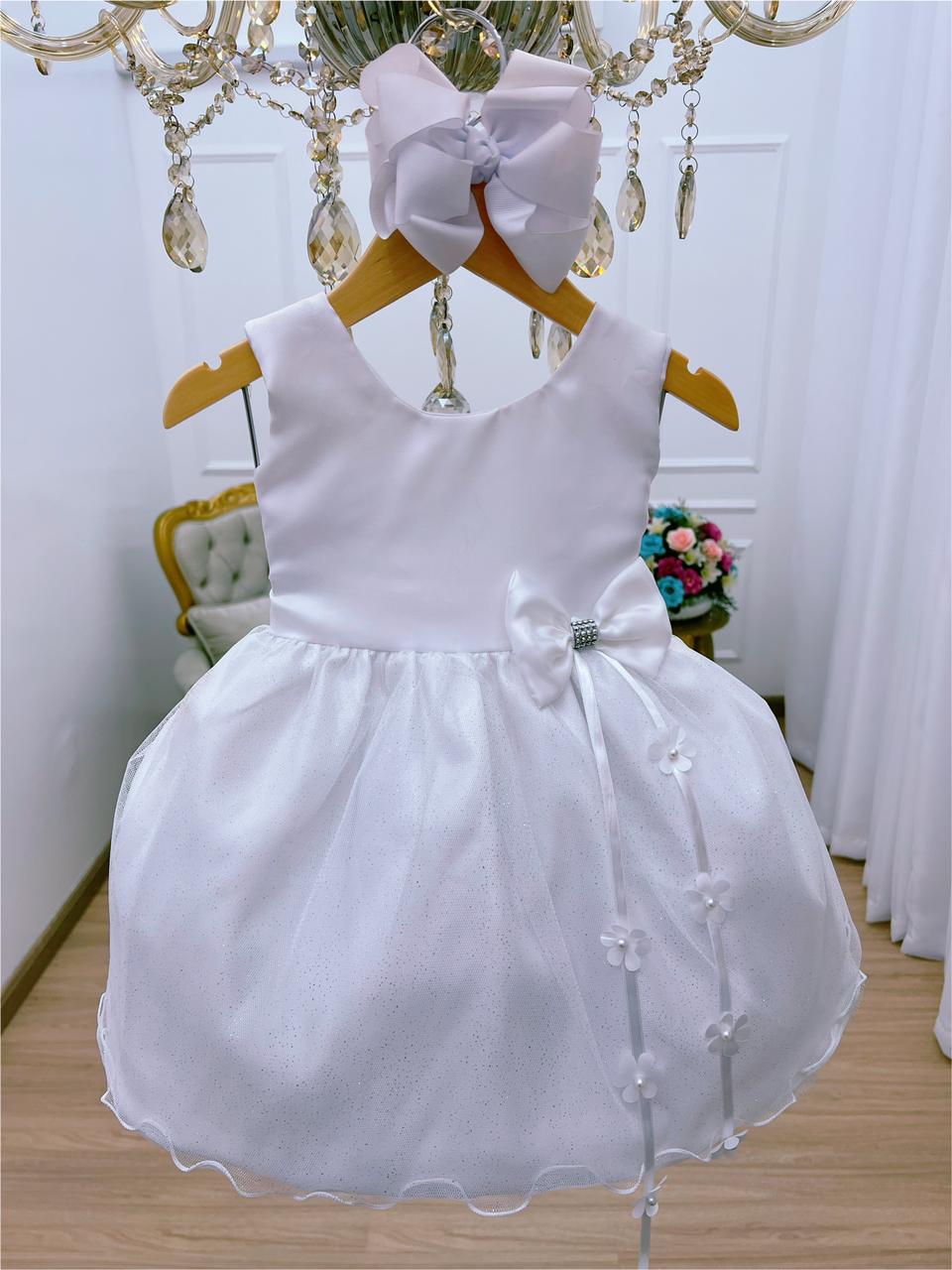 Vestido Infantil Branco Laço com Strass Aplique Flores