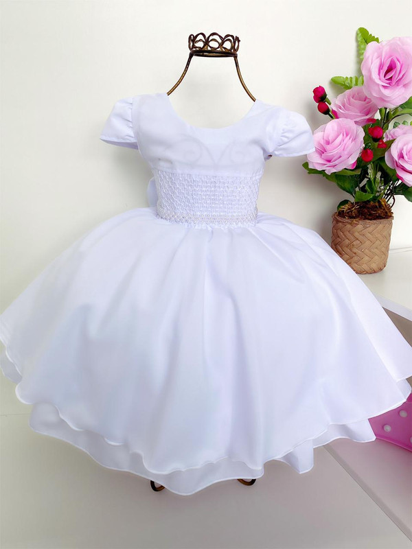 Vestido Infantil Branco Princesas Cinto Pérolas Luxo