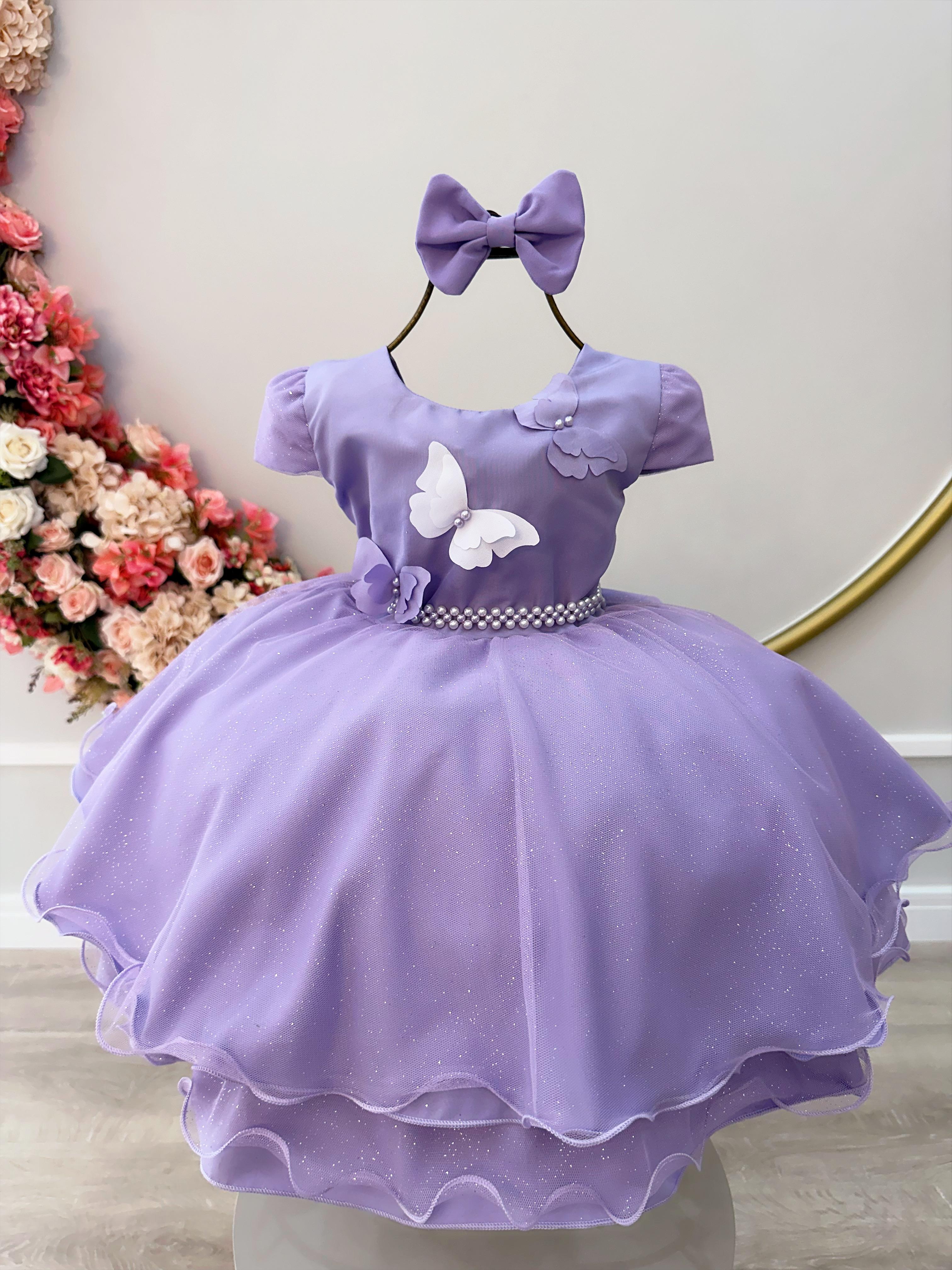 Vestido Infantil Lilás C/ Aplique Borboletas Laço e Pérolas
