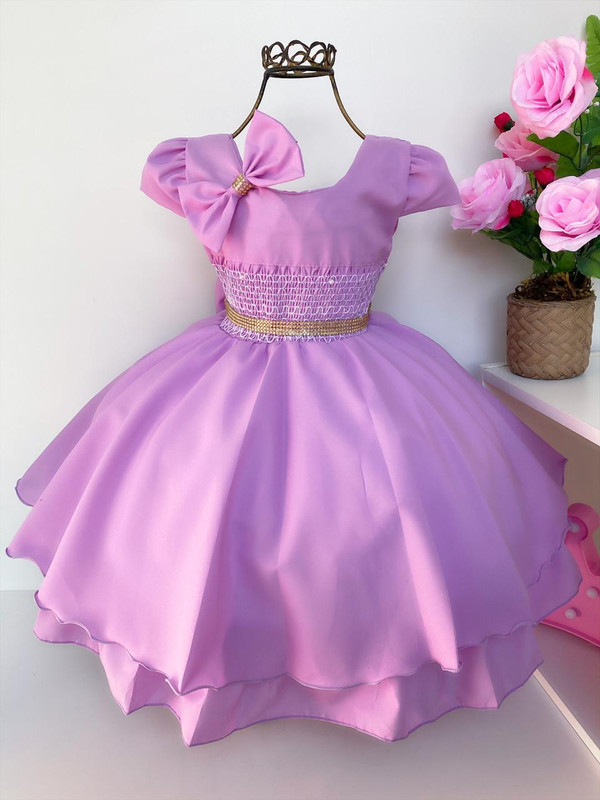 Vestido Infantil Lilás Princesas Laço Cabelo Cinto Strass