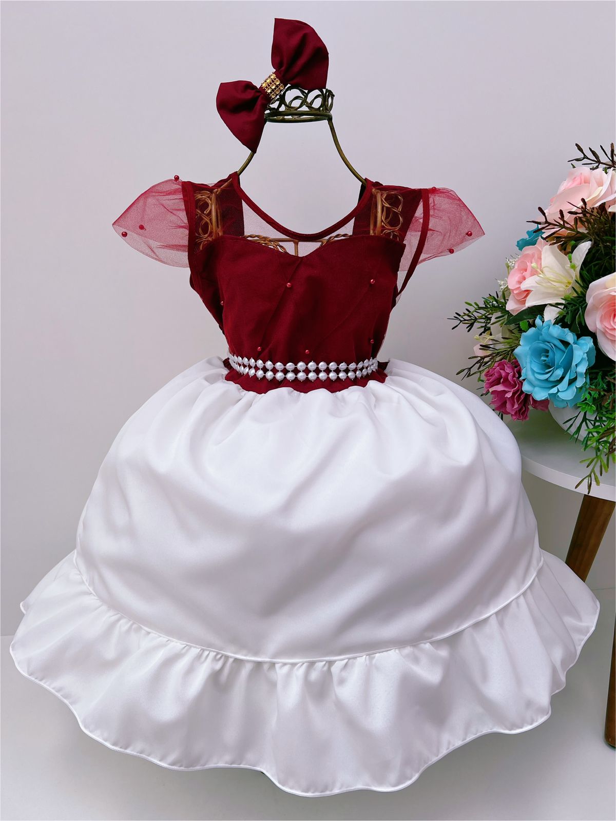 Vestido Infantil Marsala Peito Nervura Saia Off Perolas