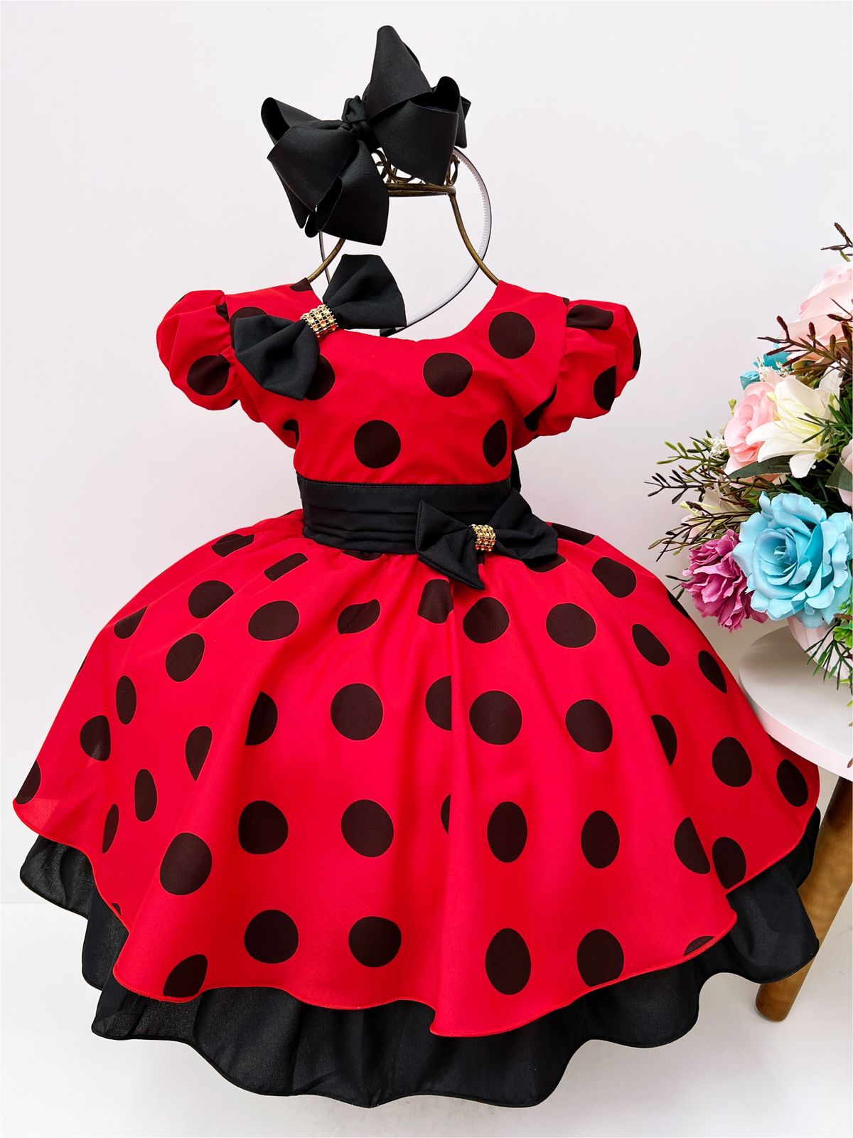 Vestido Infantil Minnie LadyBug Vermelho Bolinhas Pretas