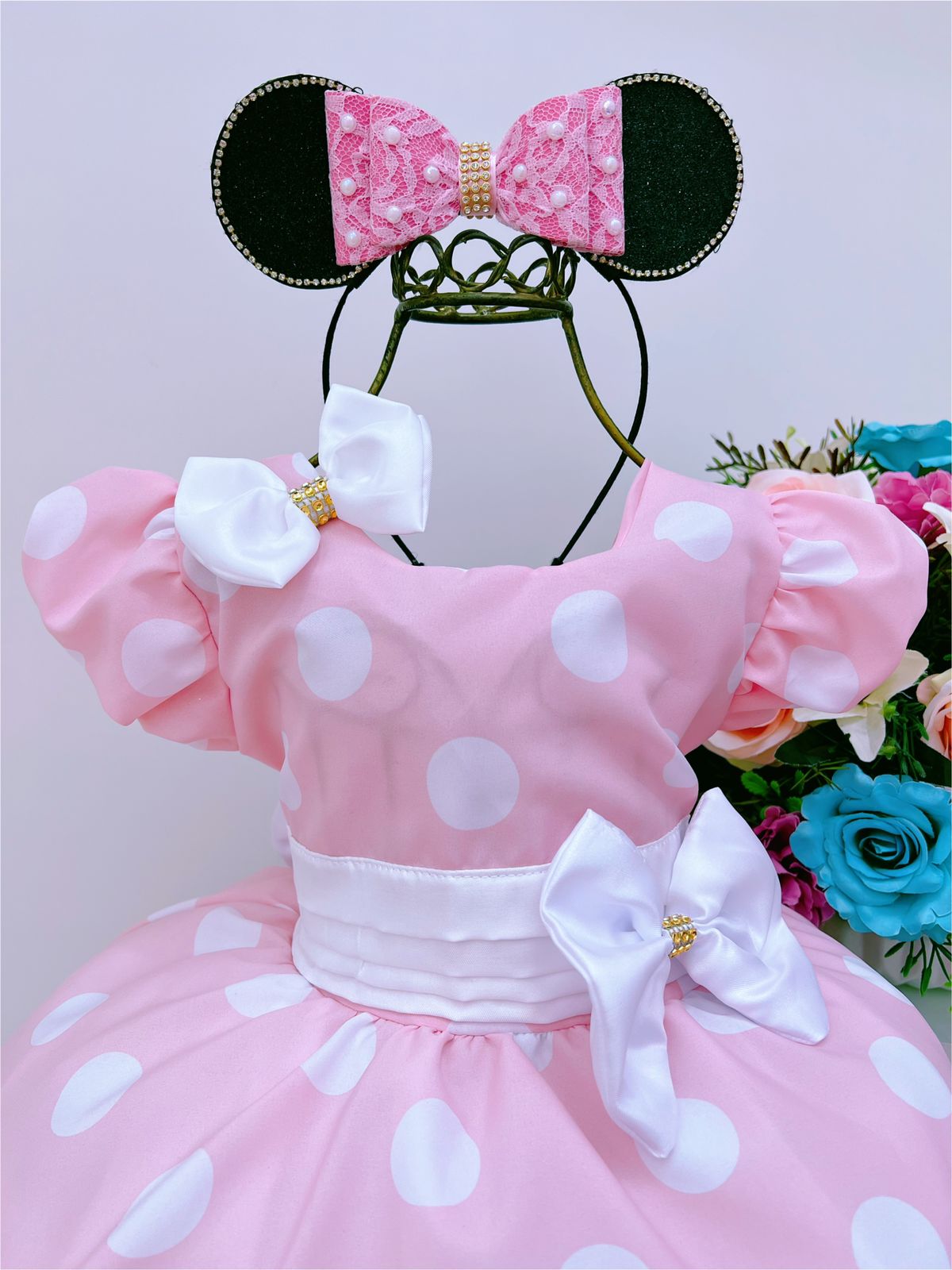 Vestido Infantil Minnie Rosa Bolinhas Brancas C/ Laço - Rosa Charmosa  Atacado