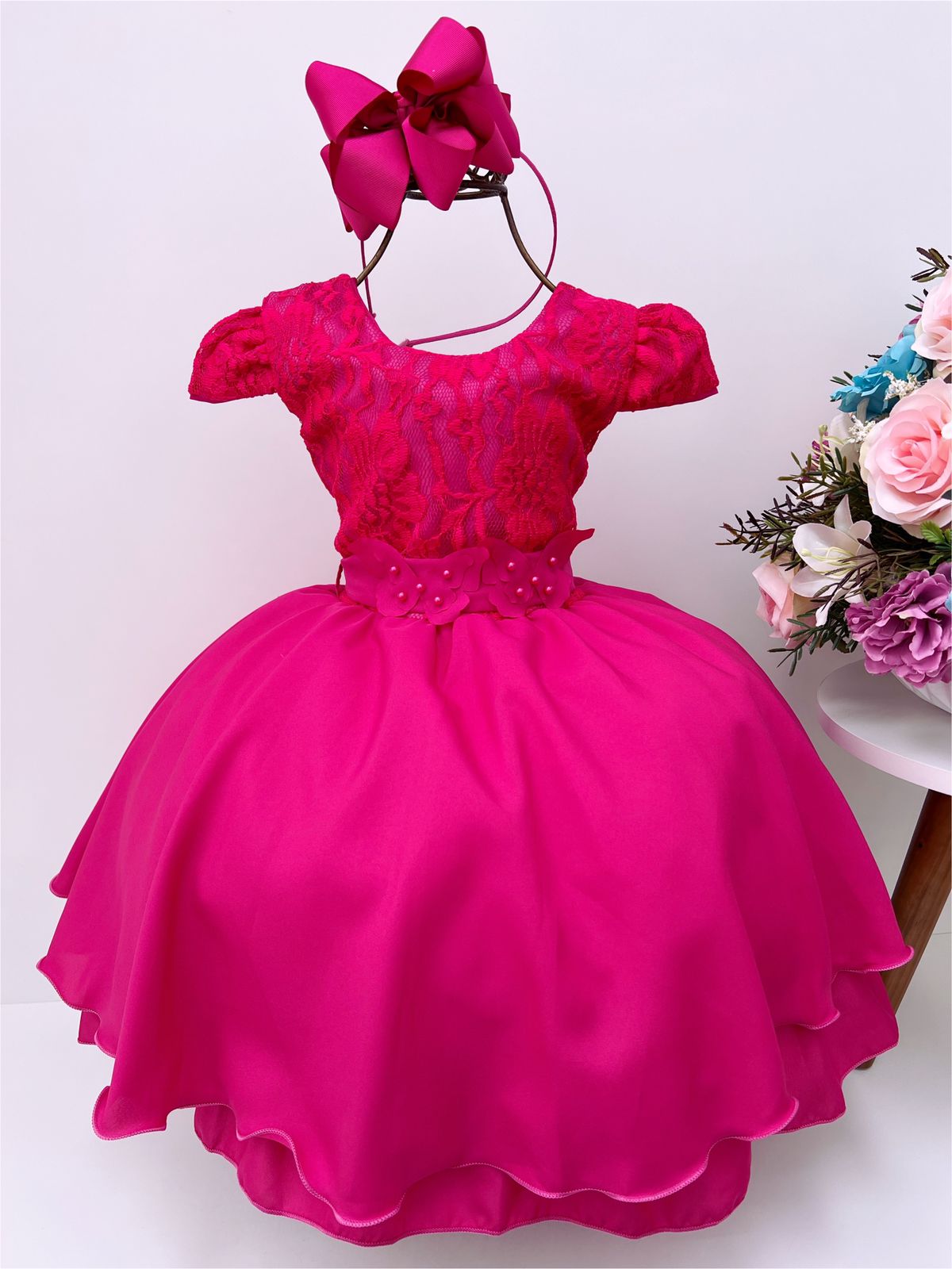 Vestido Infantil Pink Aplique Borboleta Laço Cinto Pérolas
