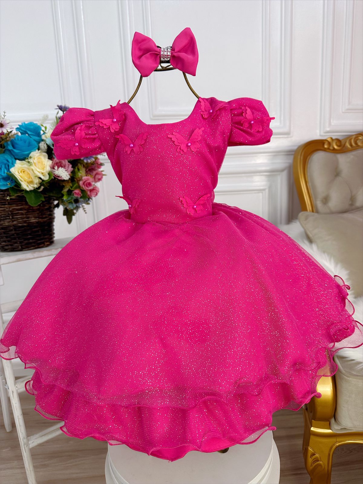 Vestido Infantil Aurora Pink Borboletas C/ Laço Glitter