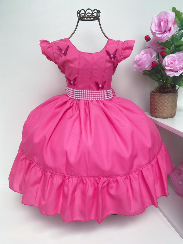 Vestido Infantil Pink Aplique Borboletas e Cinto Pérolas