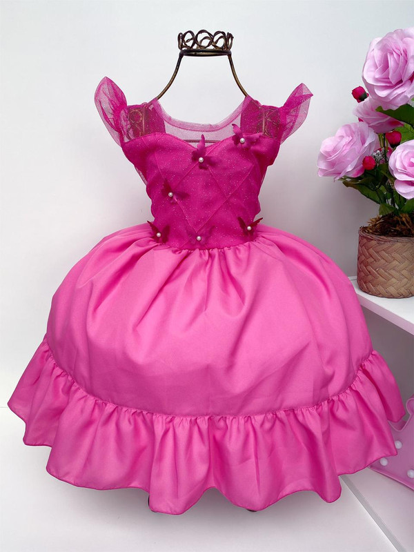 Vestido Infantil Pink Aplique Borboletas e Pérolas Mangas
