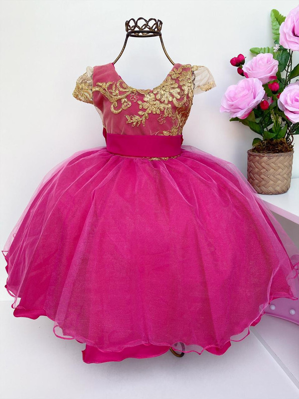 Vestido Infantil Pink Renda Dourada Daminhas Luxo