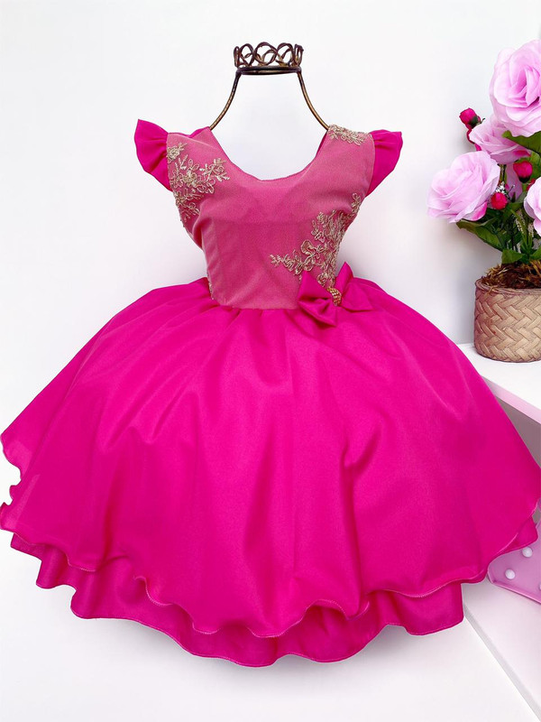 Vestido Infantil Pink Renda Dourada Lacinho Luxo Princesas
