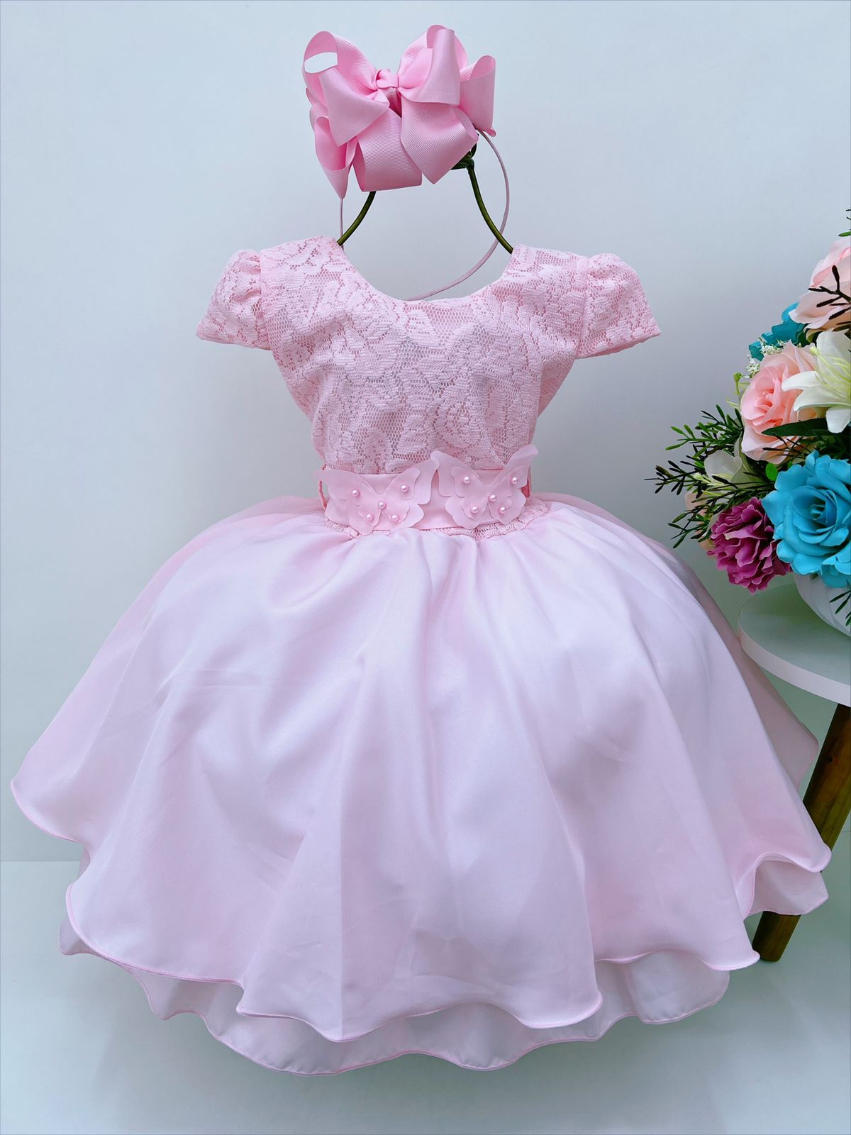Vestido Infantil Rosa Aplique Borboleta Laço Pérola Cinto