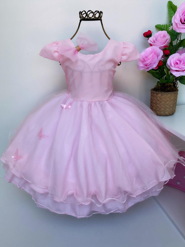 Vestido Infantil Rosa Aplique Borboletas com Laço Cabelo
