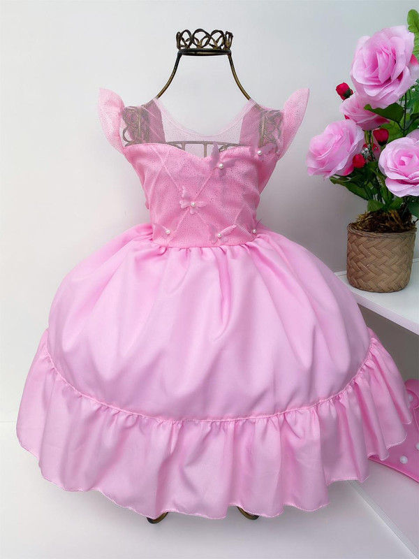 Vestido Infantil Rosa Aplique Borboletas e Pérolas Mangas