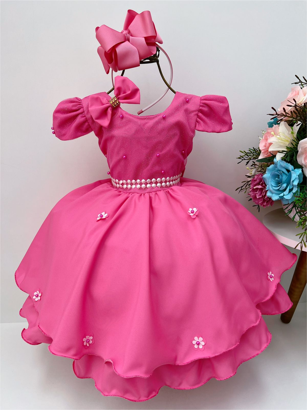 Vestido Infantil Rosa Chiclete Laço Aplique Flores Pérolas