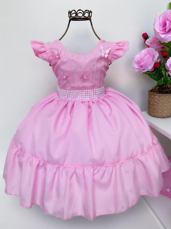Vestido Infantil Rosa Cinto Pérolas Aplique Borboletas