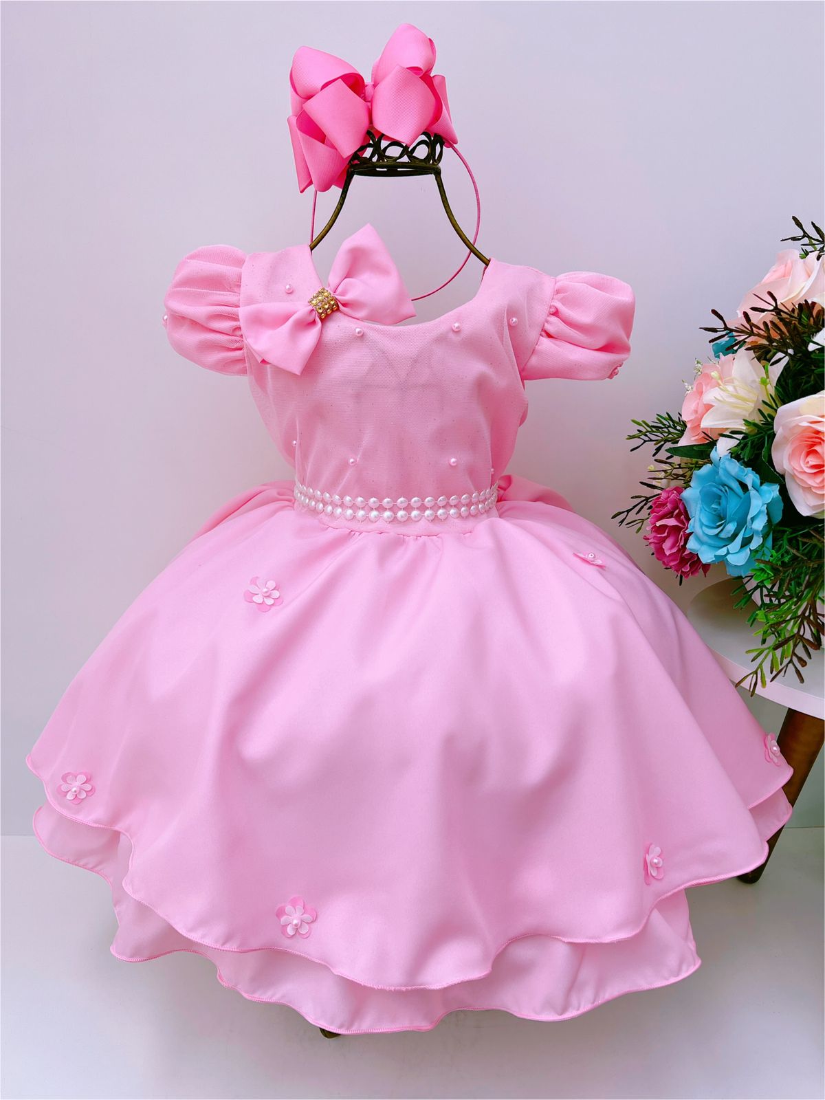 Vestido Infantil Rosa Laço Aplique Flores Pérolas