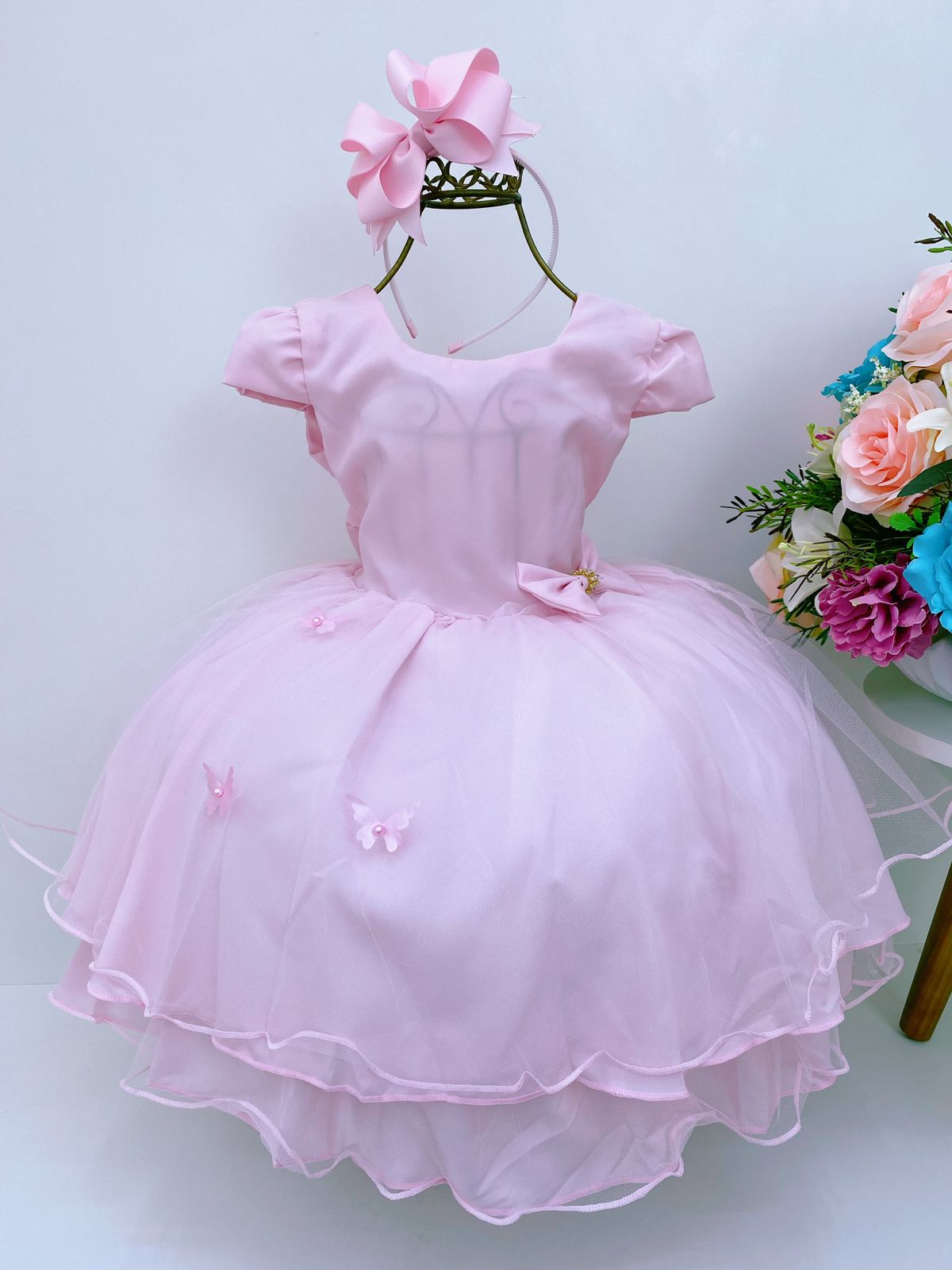Vestido Infantil Rosa Laço com Strass e Aplique Borboletas