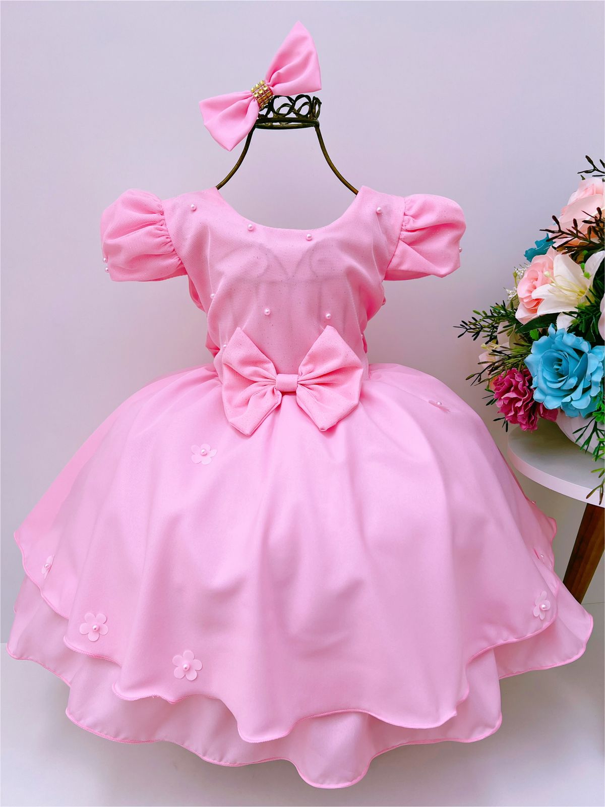 Vestido Infantil Rosa Bebê Laço e Aplique Flores Pérolas