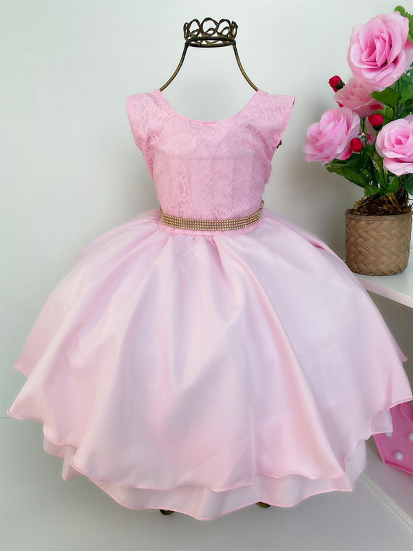 Vestido Infantil Rosa Renda Cinto Strass Princesas