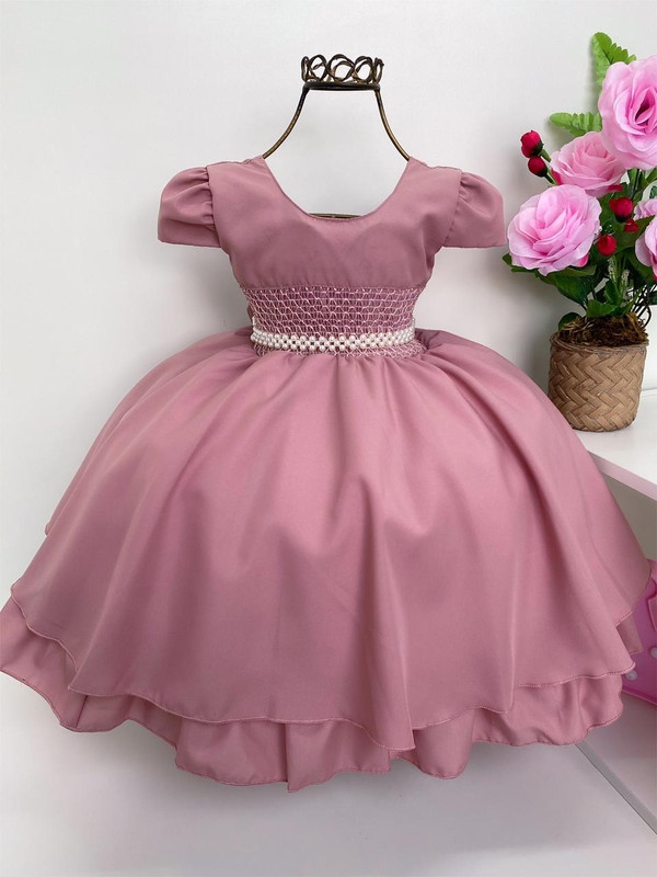 Vestido Infantil Rosê Princesas Cinto Pérolas Luxo