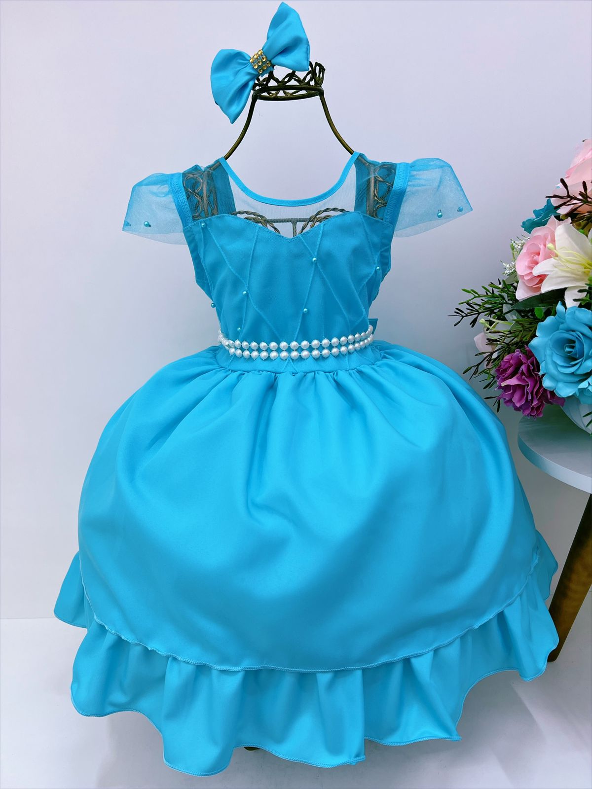 Vestido Infantil Azul Peito Nervura Cinto de Perola