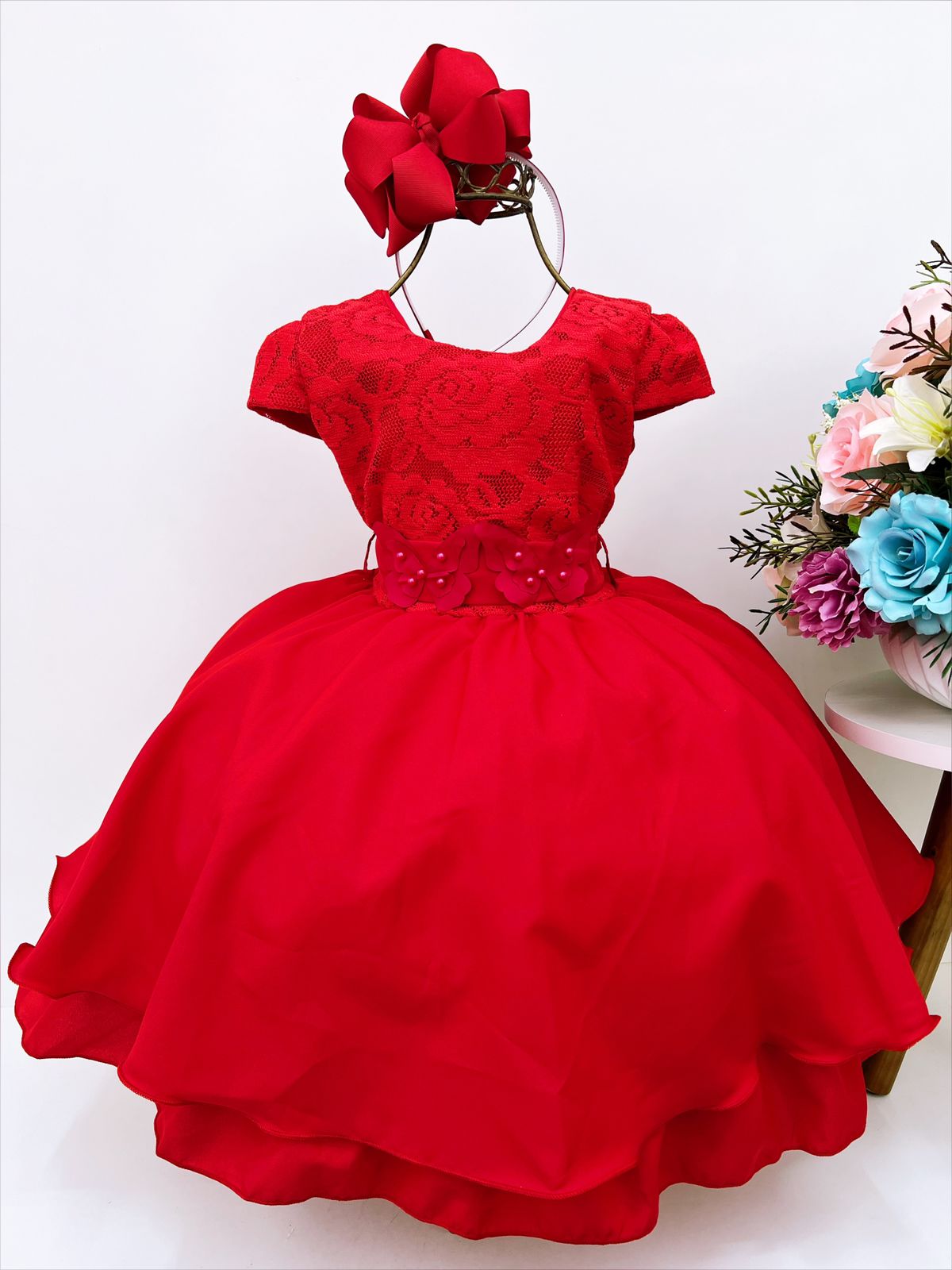 Vestido Infantil Vermelho Aplique Borboleta Laço Pérola Cinto