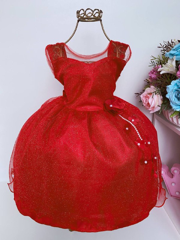 Vestido Infantil Vermelho Brilho Pérolas e Aplique de Flor