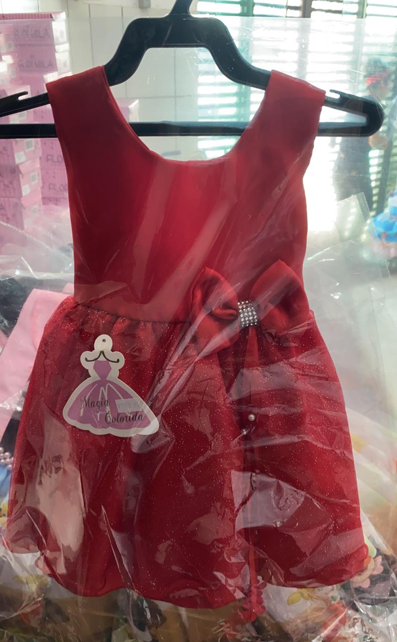 Vestido Infantil Vermelho Laço com Strass Aplique Flores