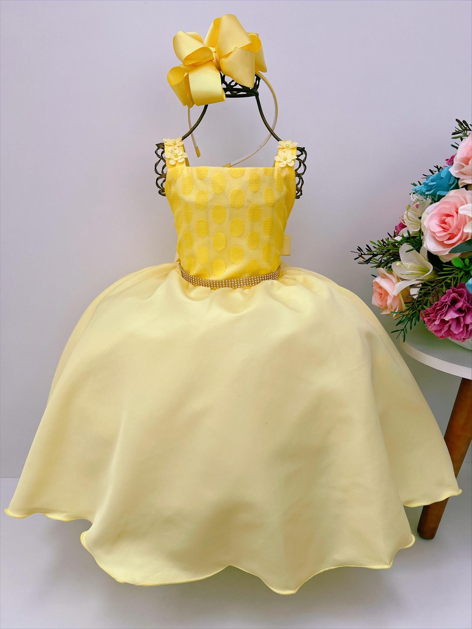 Vestido Infantil Amarelo Bolinhas Aplique Festa Strass Luxo