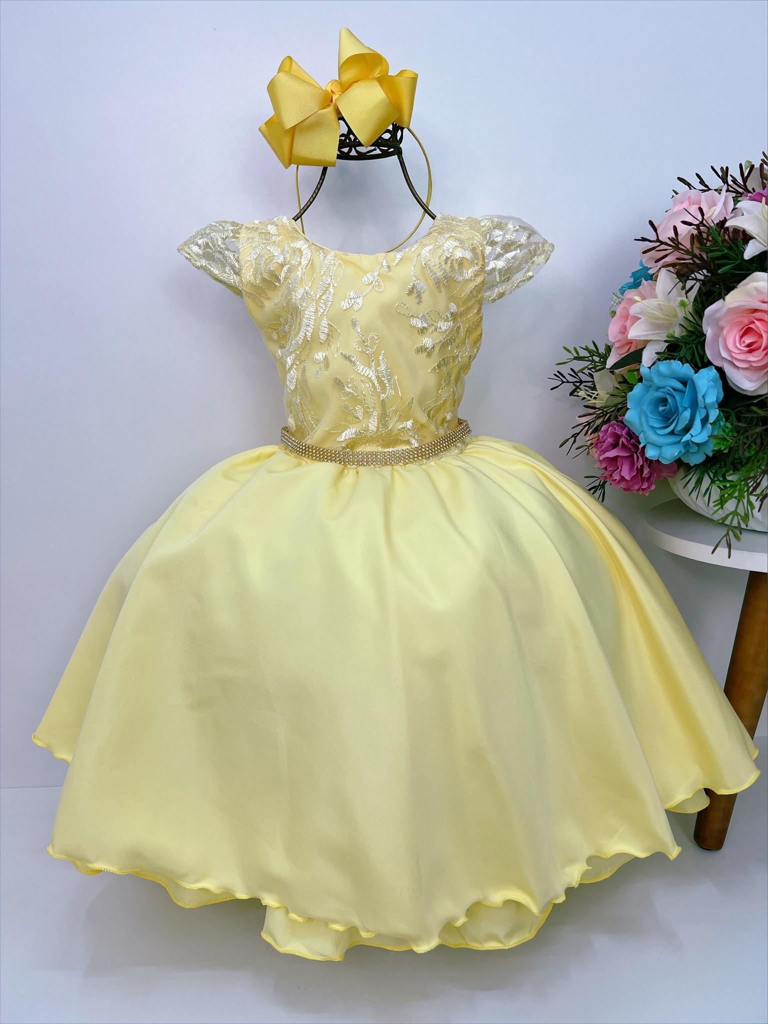 Vestido Infantil Amarelo C/ Renda Cinto Strass Luxo Damas