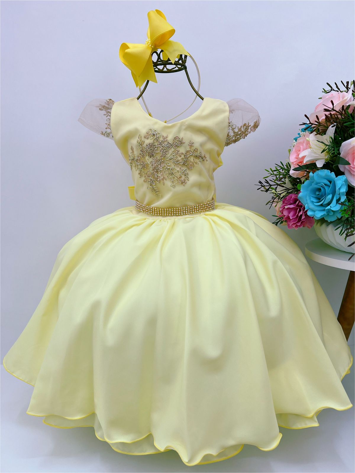 Vestido Infantil Amarelo Renda Dourada Luxo Com Cinto