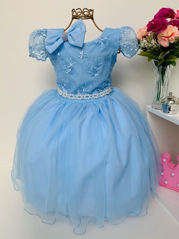 Vestido Infantil Azul com Renda Cinto Pérolas e Bico de Pato