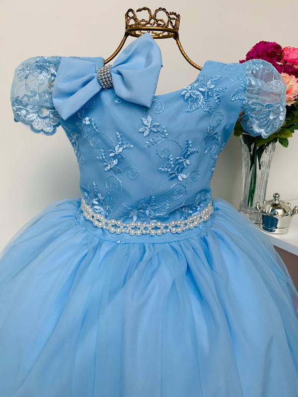 Vestido Infantil Cinderela Princesa Azul C/ Renda e Pérolas - Rosa Charmosa  Atacado