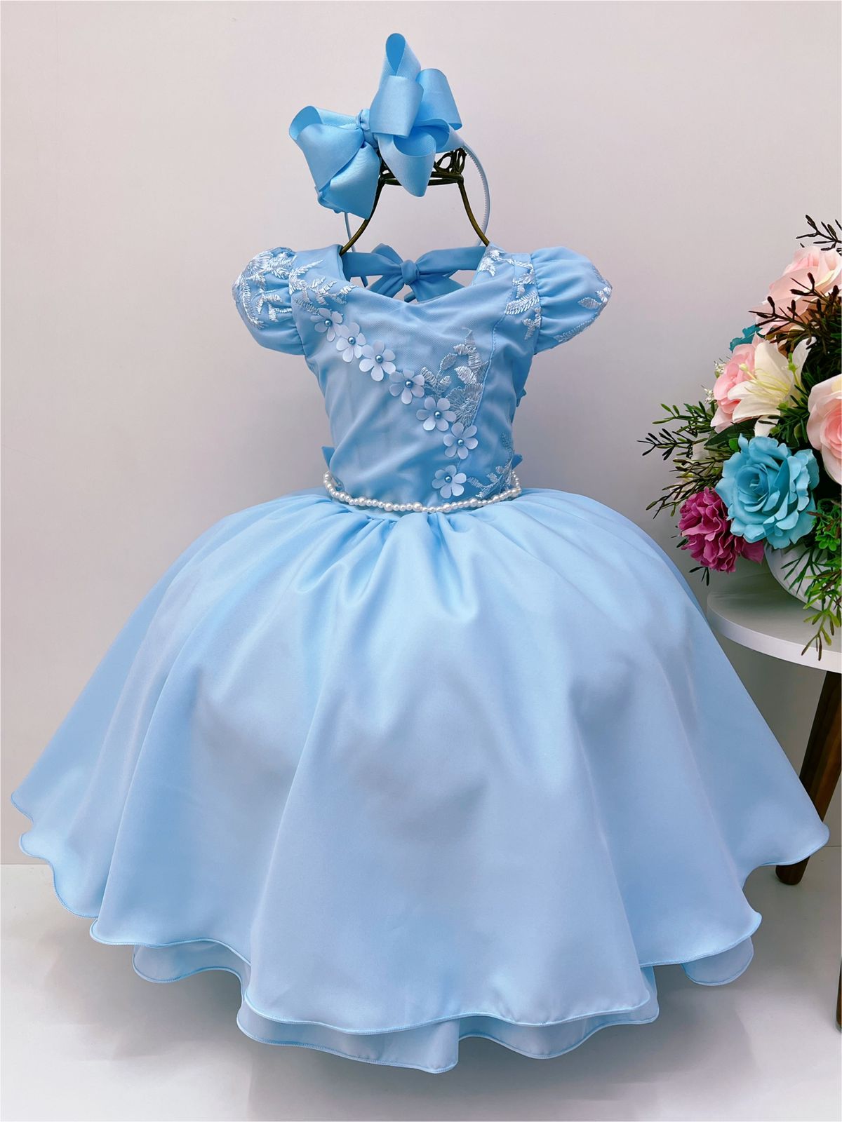Vestido Infantil Azul Renda Aplique de Flores Pérolas