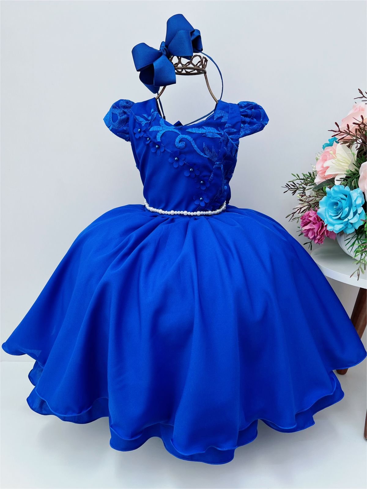 Vestido Infantil Azul Royal Renda Aplique de Flores Pérolas