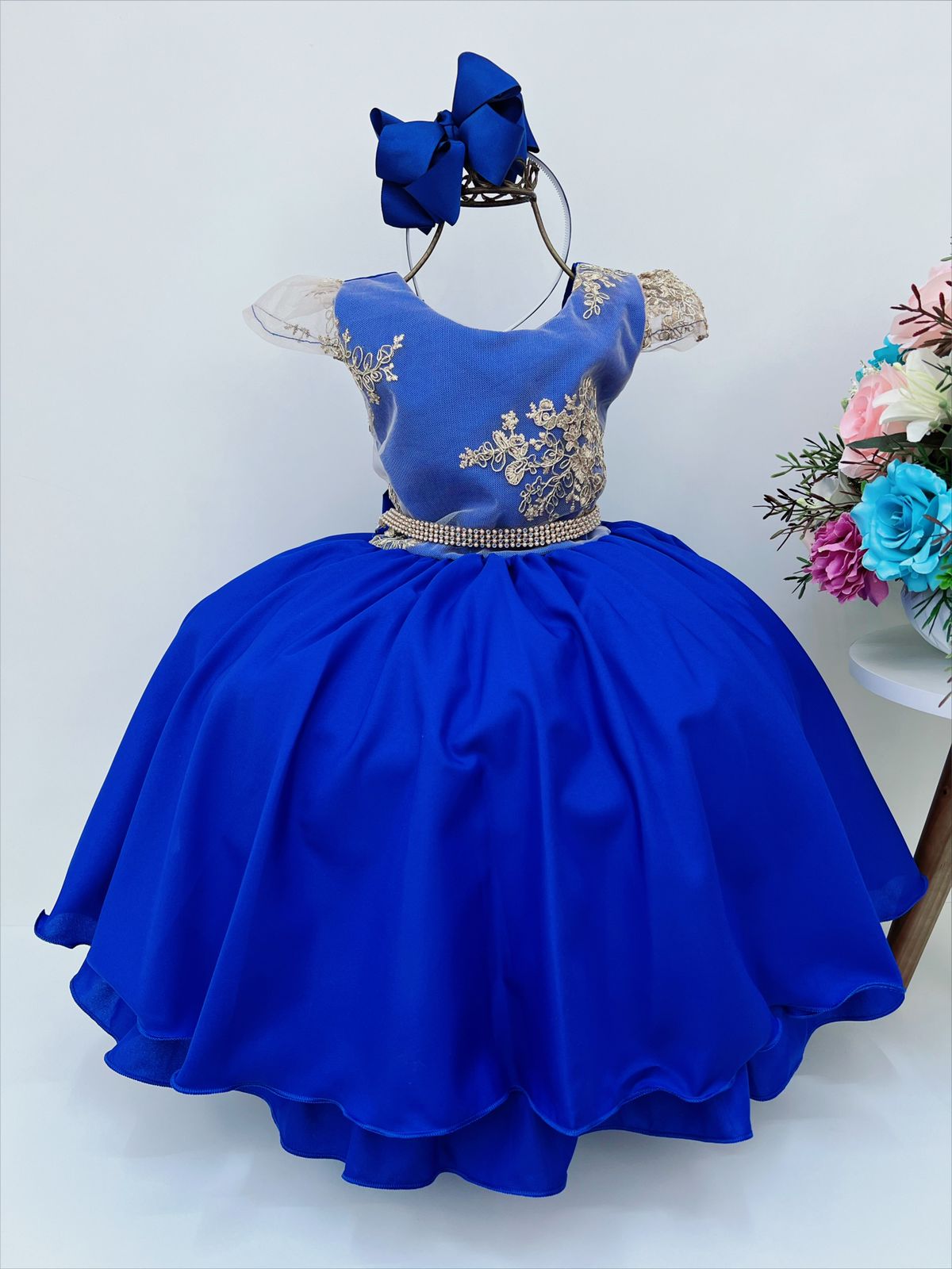 Vestido Infantil Azul Royal Renda Dourada Cinto Strass Luxo