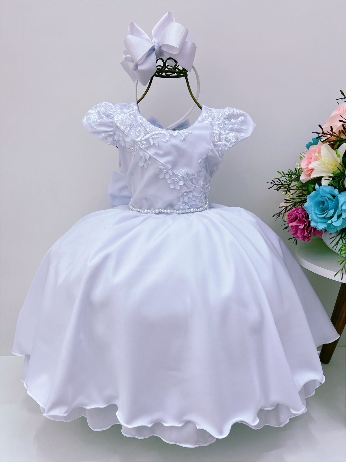 Vestido Infantil Branco Renda e Aplique de Flores C/ Pérolas