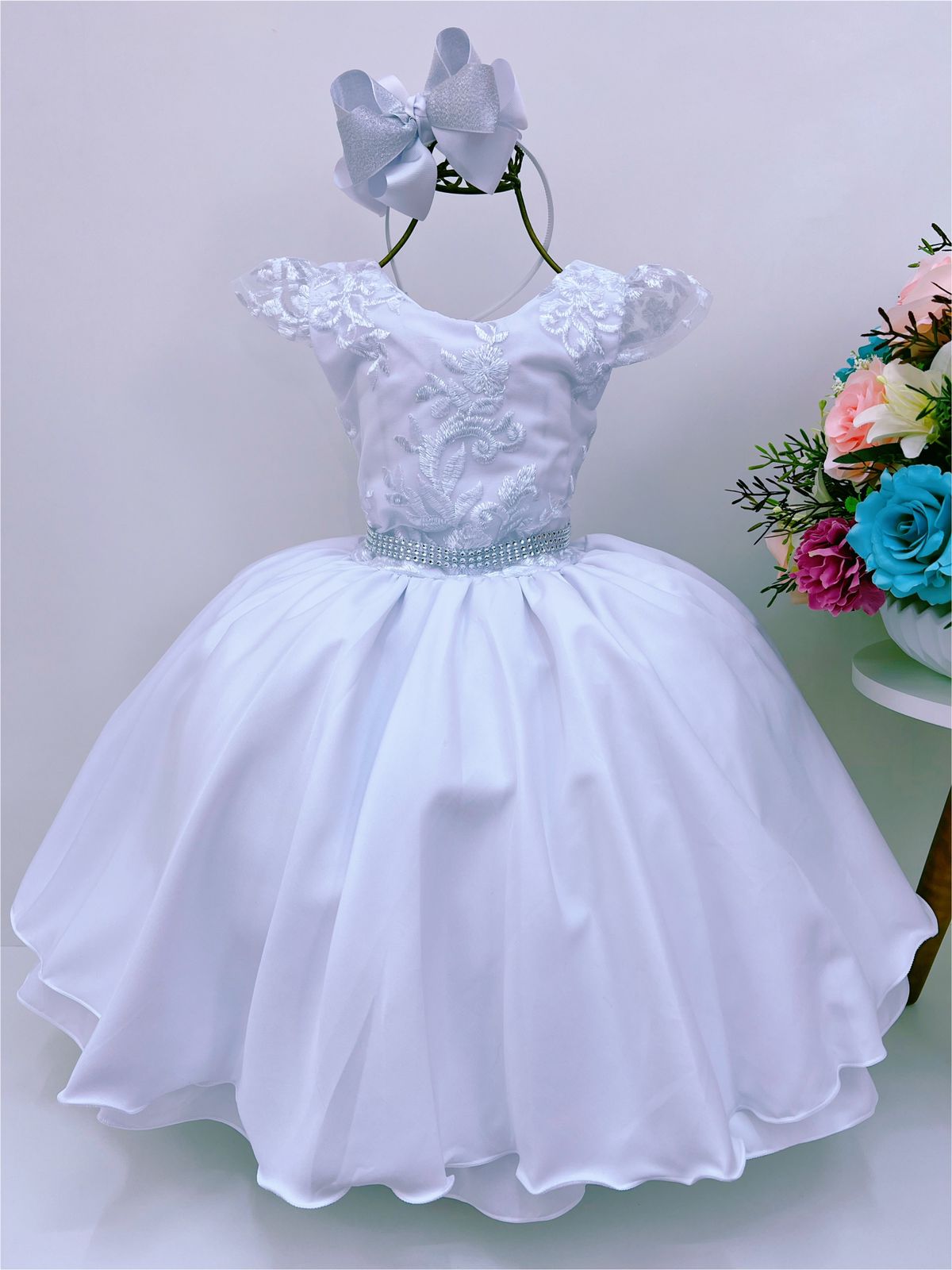 Vestido Infantil Branco Renda Luxo C/ Cinto