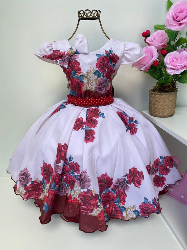 Vestido Infantil Marsala Floral Luxo Laço Cinto Perolas
