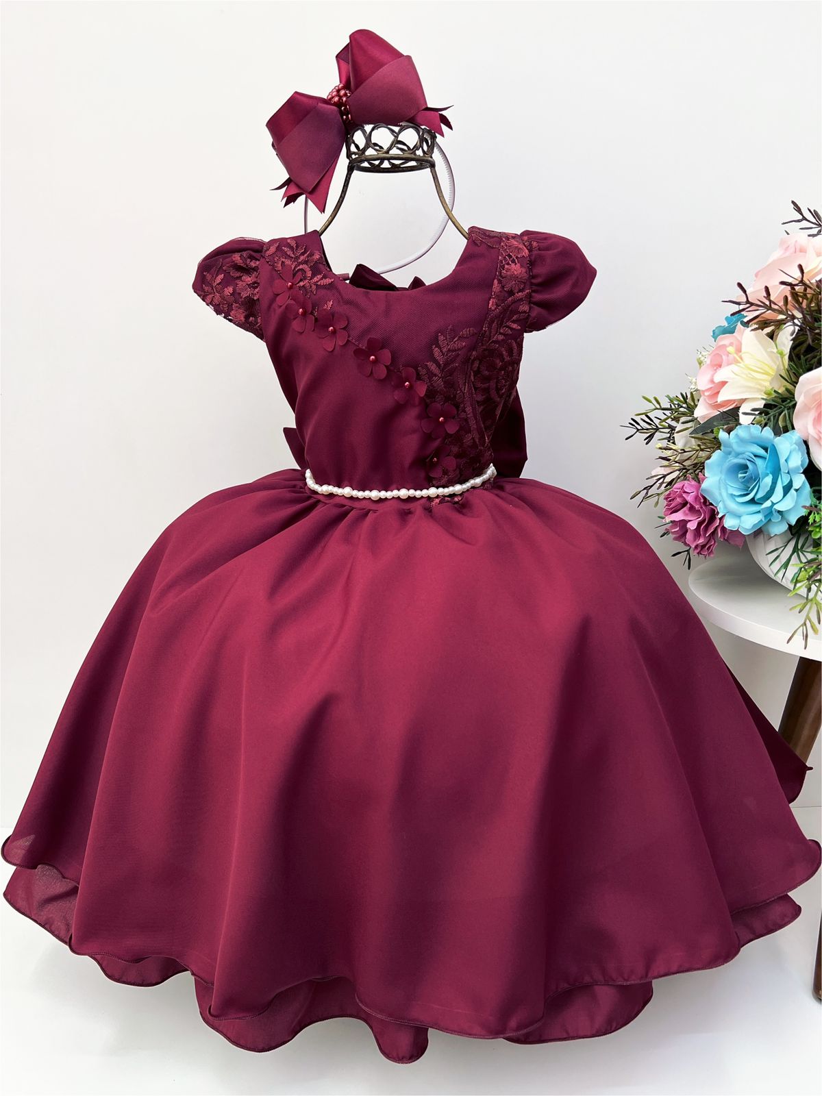 Vestido Infantil Marsala Renda e Aplique de Flores Pérolas