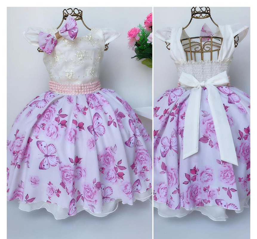 Vestido Infantil Off White Floral Rosa Luxo Renda Laço