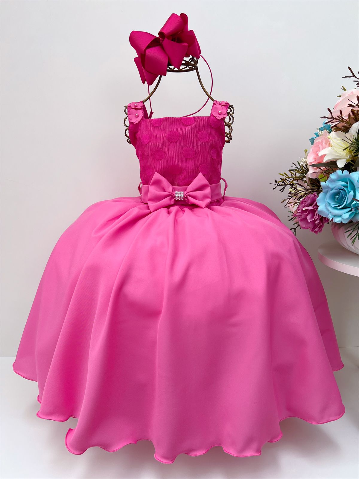 Vestido Infantil Pink com Laço C/ Bolinhas Luxo Festas
