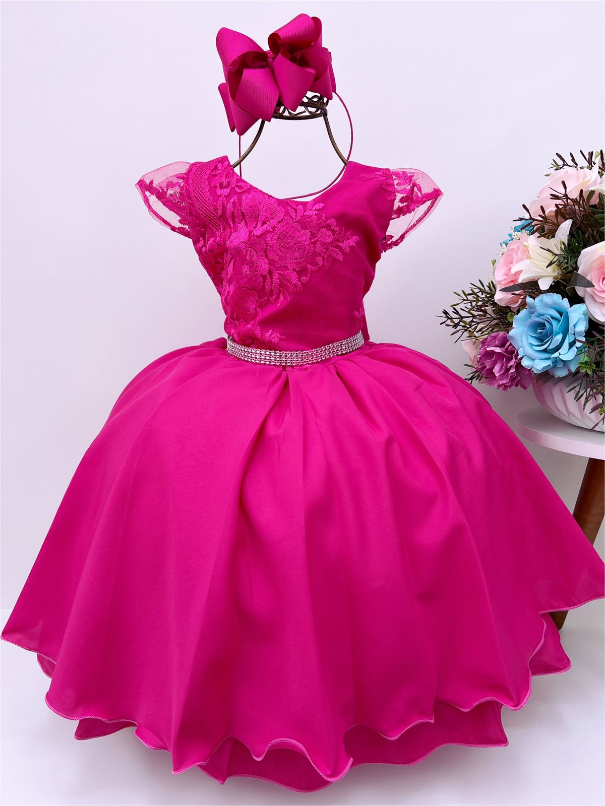 Vestido Infantil Pink Renda Cinto Strass Luxo