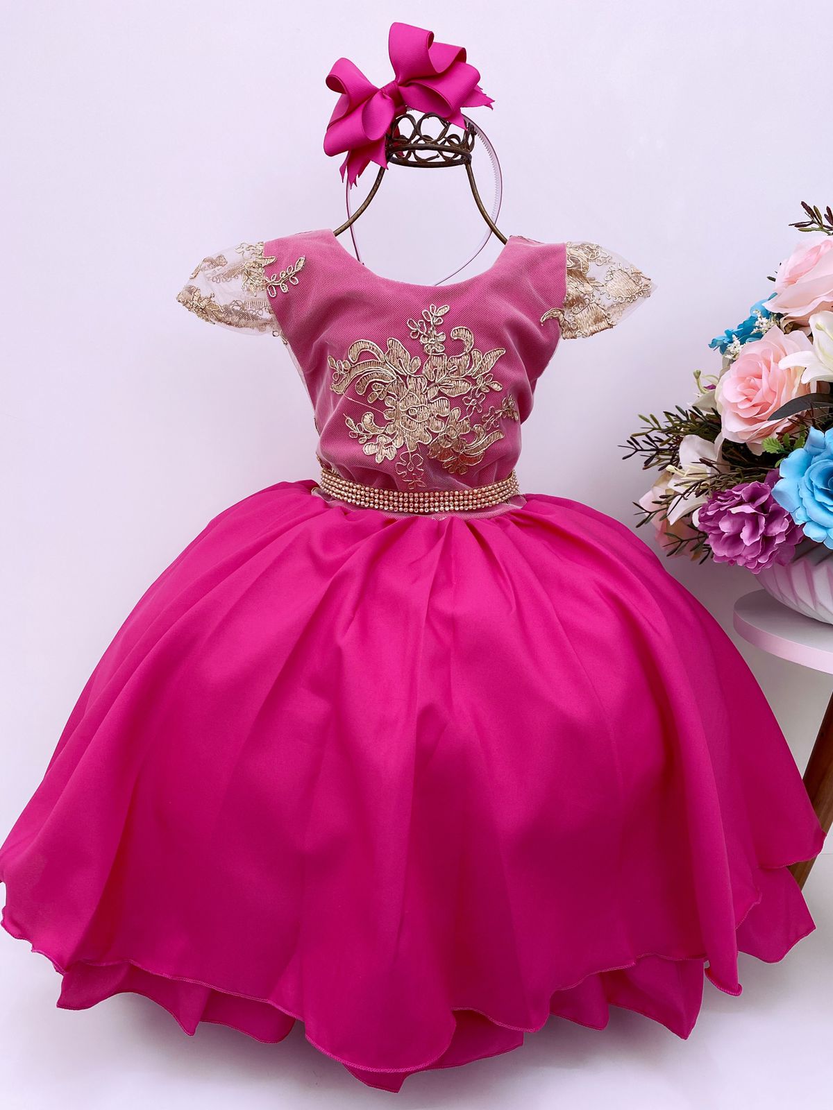 Vestido Infantil Pink Renda Dourada Cinto Strass Luxo