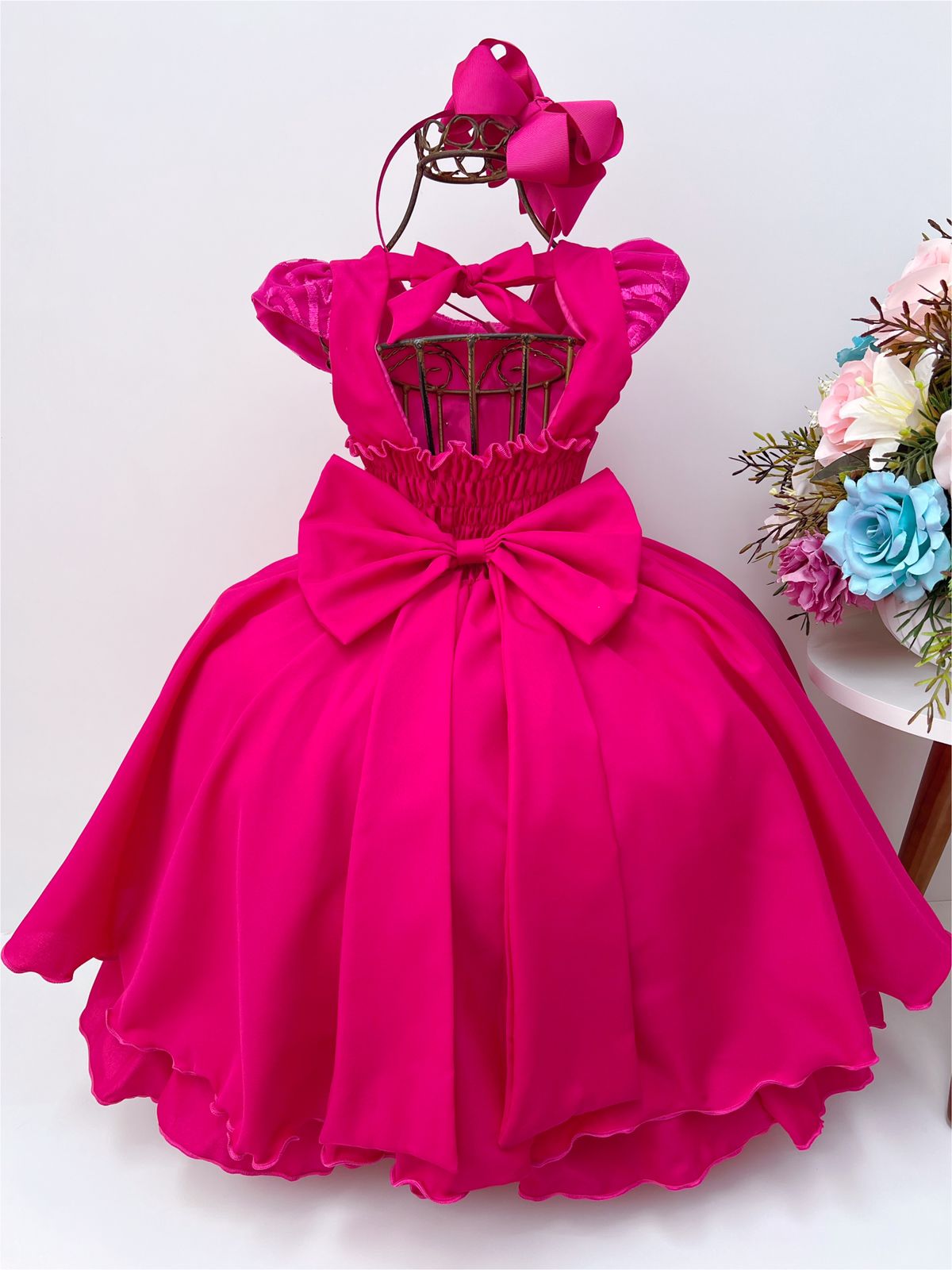 Vestido infantil de laise pink rosa bordado floral com barrado e babados e  laços tam 1 a 8 anos Isabela