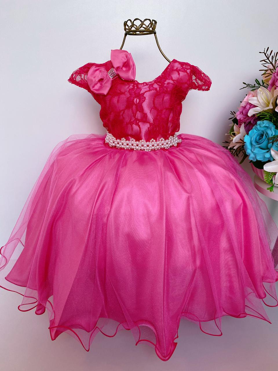 Vestido Infantil Pink Renda e Cinto Pérolas com Laço Cabelo