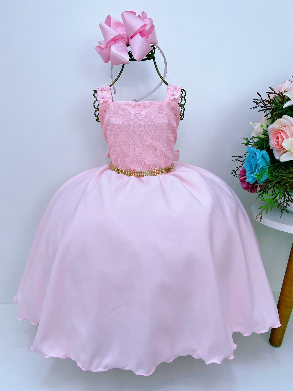 Vestido Infantil Rosa Bolinhas Aplique Flores Strass